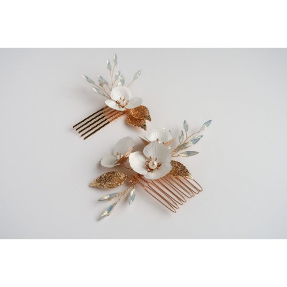 Blue Opal + Pearl Floral Gold Wedding Hair Comb, Bridal Hair Pin, Wedding Hair